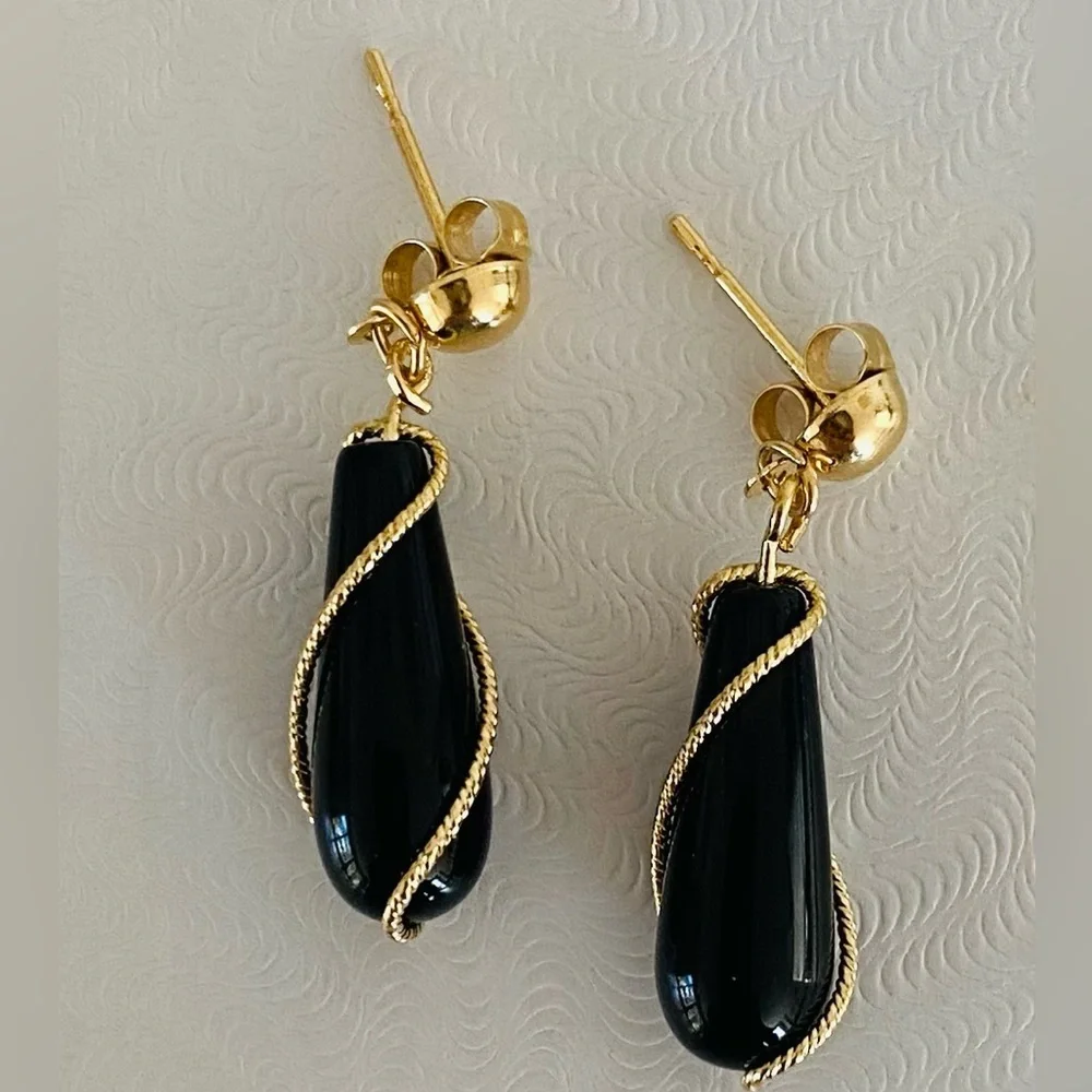 14K Yellow Gold 1” Onyx Dangle Gold Wire Twist Drop Earrings Vintage Unique - Picture 1 of 8